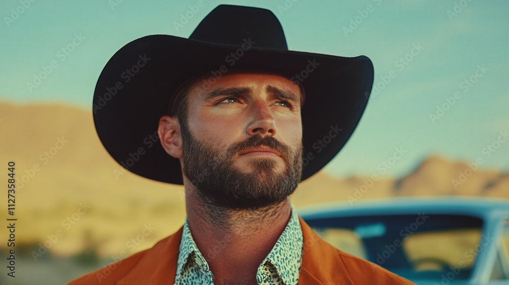 Handsome Cowboy Portrait Desert Landscape Western Fashion Handsome Cowboy Portrait Desert Landscape Western Fashion