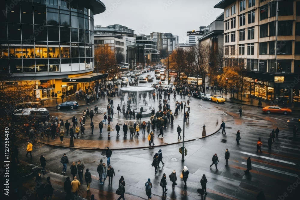 Obraz premium Aerial view of a crowded city intersection under cloudy skies highlighting overpopulation issues
