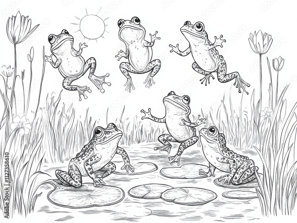Fototapeta premium A whimsical illustration captures a moment of joy and unity as frogs leap and bask in the sun, their playful antics creating a charming scene. Coloring Page