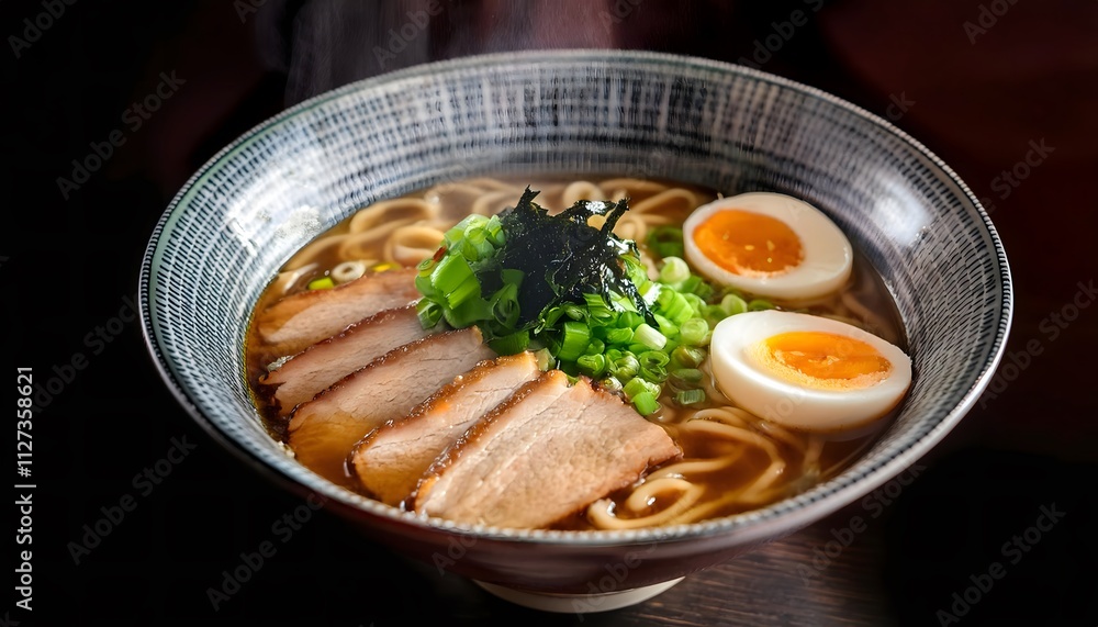 A steaming bowl of ramen with rich tonkotsu broth, tender pork slices, boiled egg, nori, and fresh green onions, served in a traditional bowl A steaming bowl of ramen with rich tonkotsu broth, tender pork slices, boiled egg, nori, and fresh green onions, served in a traditional bowl
