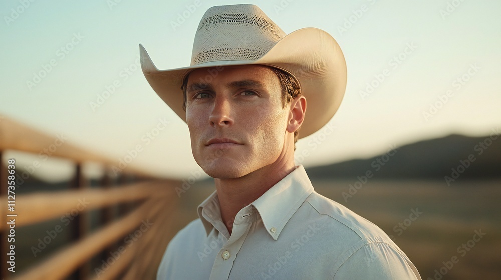 Handsome Cowboy Portrait Ranch Sunset Western Lifestyle Handsome Cowboy Portrait Ranch Sunset Western Lifestyle
