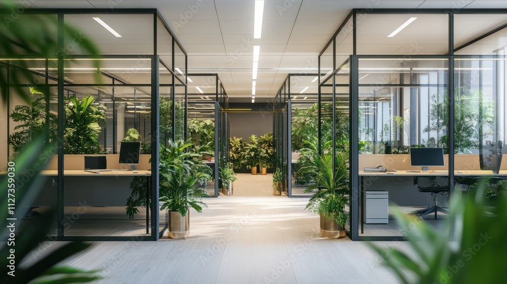 Modern, enclosed work pods in a bright office space, adorned with large green plants for a balanced blend of privacy and openness. Modern, enclosed work pods in a bright office space, adorned with large green plants for a balanced blend of privacy and openness.