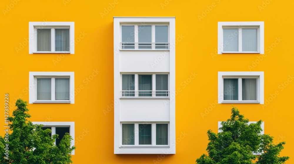 Modern architecture meets nature: vibrant yellow building with green foliage Modern architecture meets nature: vibrant yellow building with green foliage