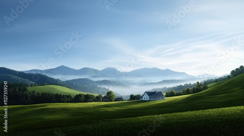 A beautiful mountain landscape with a white house in the middle of it