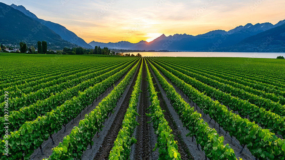 Vast vineyard at sunset with mountains and a lake in the background, showcasing rows of grapevines under a colorful sky. Vast vineyard at sunset with mountains and a lake in the background, showcasing rows of grapevines under a colorful sky.