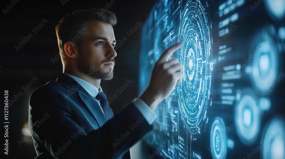 Businessman interacting with energy efficiency icon on virtual screen Businessman interacting with energy efficiency icon on virtual screen
