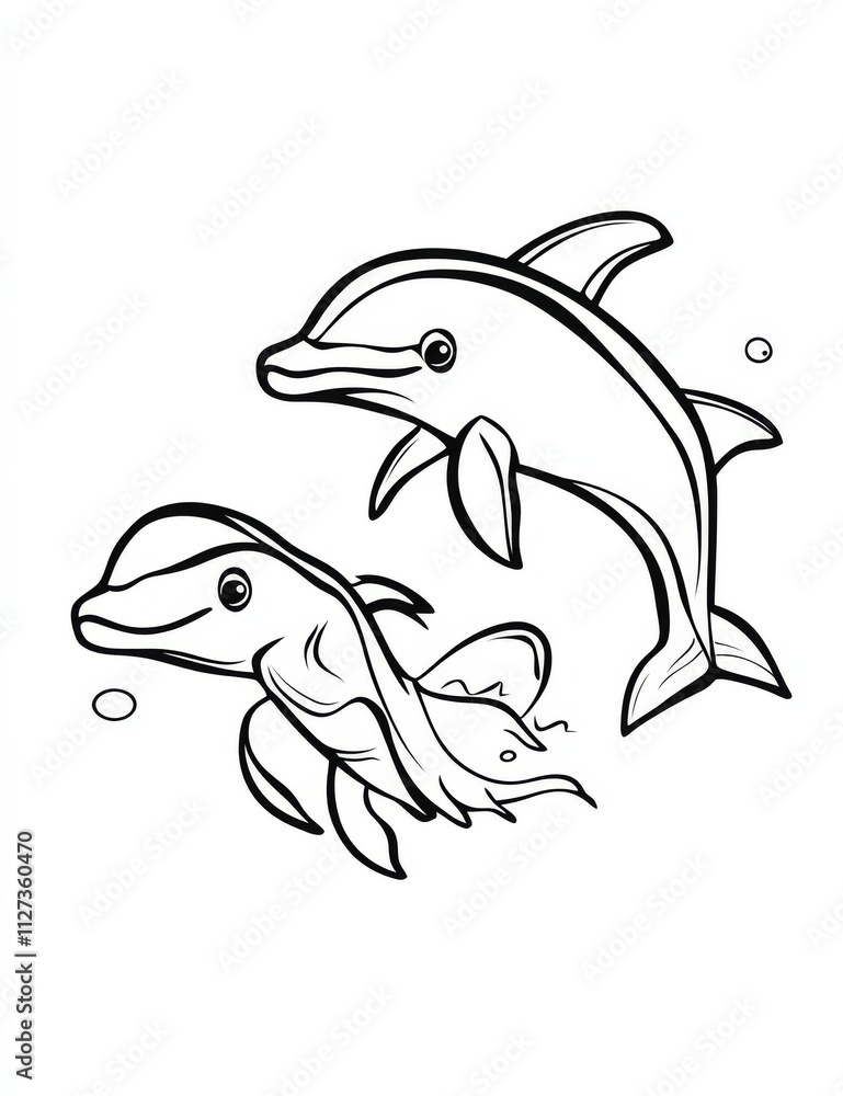 Playful Dolphin Duo: Two adorable dolphins, one leaping with a splash, the other playfully swimming, ready for a coloring adventure. Playful Dolphin Duo: Two adorable dolphins, one leaping with a splash, the other playfully swimming, ready for a coloring adventure.