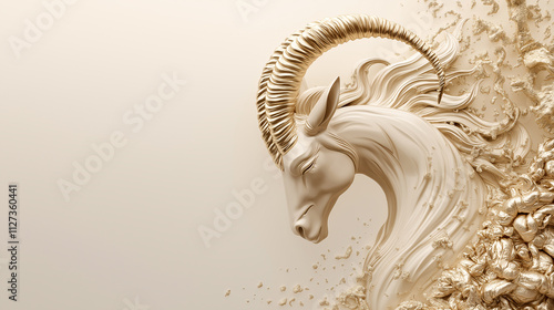 A gold and white sculpture of a ram with a gold horn