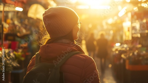 Serene Woman Exploring Vibrant Vintage Outdoor Market in Soft Morning Light