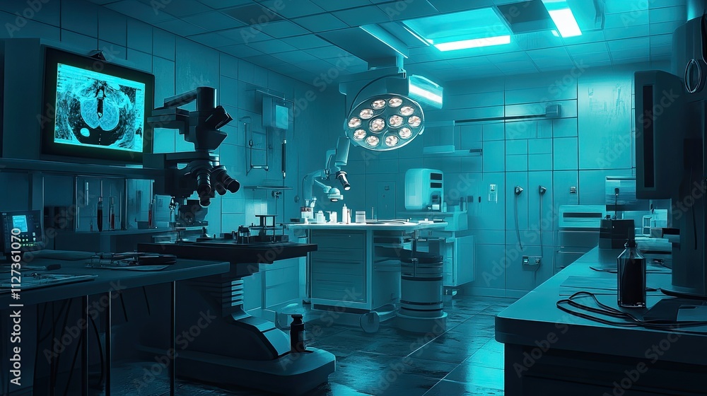 Sterile operating room at night, medical equipment, surgery tools, microscope, monitor displays scan. Sterile operating room at night, medical equipment, surgery tools, microscope, monitor displays scan.
