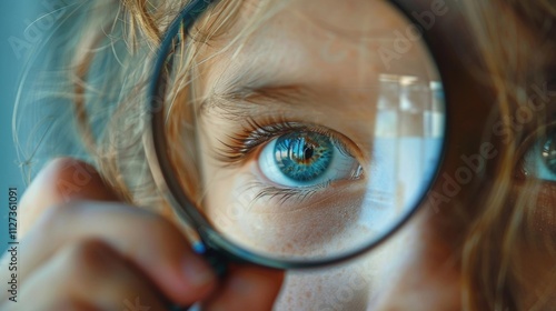 Curious child holding a magnifying glass close to blue eye, observing details and exploring surroundings with a sense of wonder and discovery photo