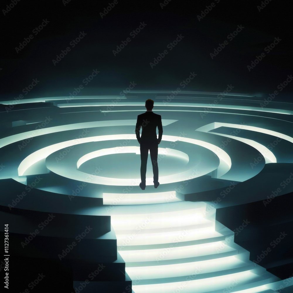 A man stands at the center of a glowing maze, contemplating his next move. A man stands at the center of a glowing maze, contemplating his next move.