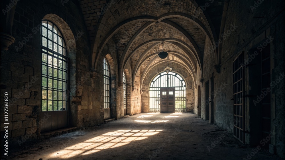 Sunlit Gothic Hallway Stone Arches, Gated Door, Long Exposure, Dark Ambiance, Abandoned Monastery Gothic architecture, long exposure photography Sunlit Gothic Hallway Stone Arches, Gated Door, Long Exposure, Dark Ambiance, Abandoned Monastery Gothic architecture, long exposure photography