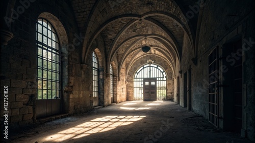 Sunlit Gothic Hallway Stone Arches, Gated Door, Long Exposure, Dark Ambiance, Abandoned Monastery Gothic architecture, long exposure photography