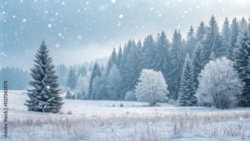 Naklejka premium Snowy Winter Landscape Frosty Trees, Falling Snow, Serene Field, Winter Wonderland. Winter Scenery, Snowfall