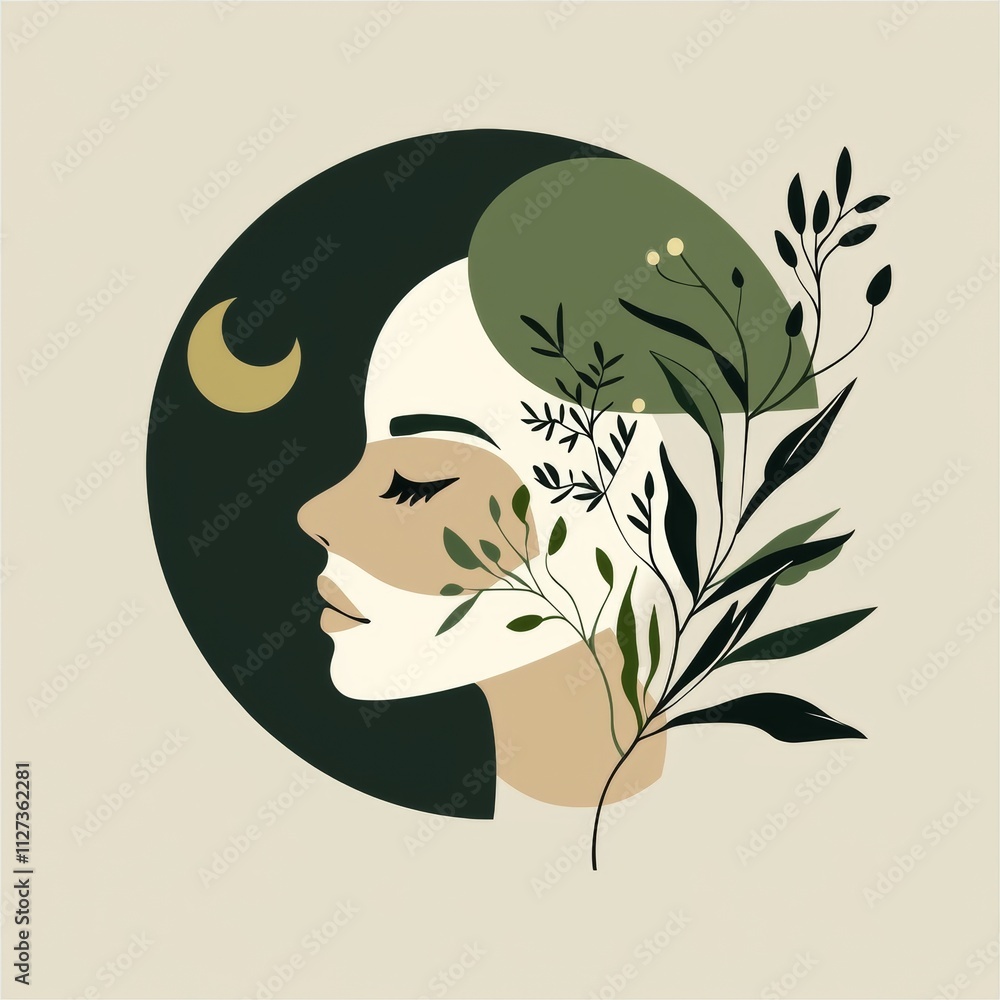 Minimalist vector illustration of woman with closed eyes and plants growing from her face, with crescent moon in the background, representing connection with nature, tranquility, and inner peace Minimalist vector illustration of woman with closed eyes and plants growing from her face, with crescent moon in the background, representing connection with nature, tranquility, and inner peace