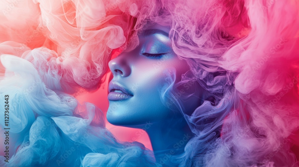 Fototapeta premium Dreamy portrait of a woman surrounded by colorful smoke