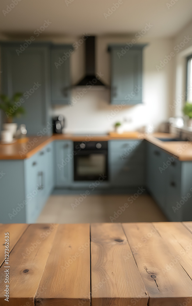 Wooden table dominates blurred kitchen background with countertop and island in soft focus against a muted wall color tone._00002_ Wooden table dominates blurred kitchen background with countertop and island in soft focus against a muted wall color tone._00002_