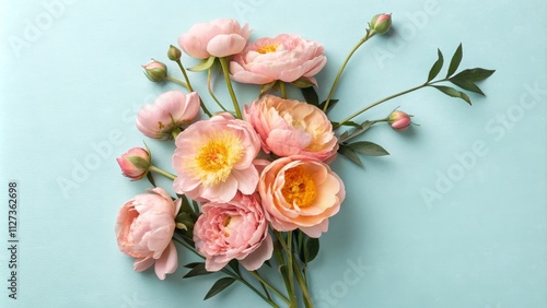 Pastel Pink Peonies on Blue...