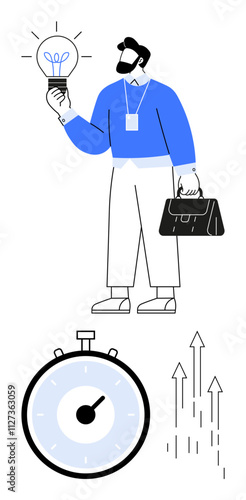 Businessman holding light bulb and briefcase. Stopwatch and arrows below. Ideal for business solutions entrepreneurship, efficiency, innovation, growth, productivity, time management. Line metaphor