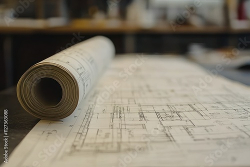 Architectural Blueprint Rolled on Table for Design Layout photo