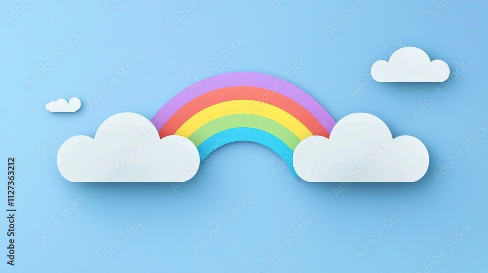 Minimalist design featuring a vibrant rainbow arching between two stylized white clouds against a serene blue sky, evoking a sense of joy and tranquility Minimalist design featuring a vibrant rainbow arching between two stylized white clouds against a serene blue sky, evoking a sense of joy and tranquility