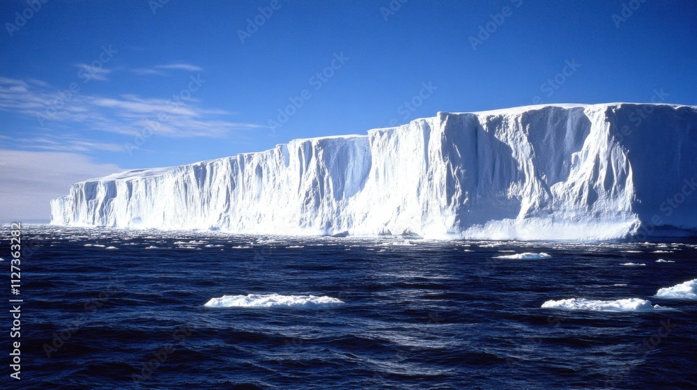 Iceberg Edge Against Clear Blue Sky and Calm Ocean Waters Iceberg Edge Against Clear Blue Sky and Calm Ocean Waters