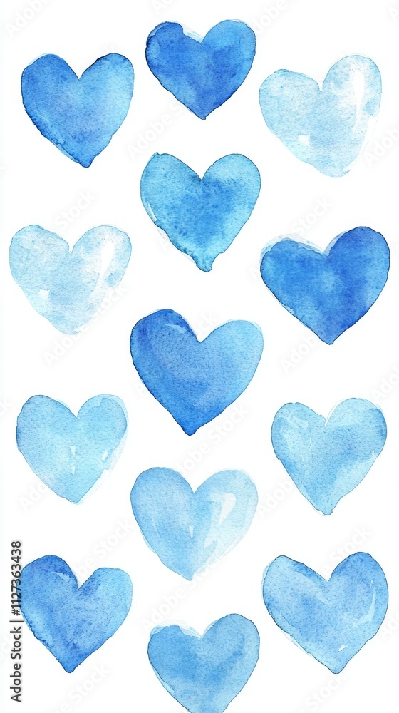 Obraz premium Hand-painted watercolor artwork featuring fifteen blue hearts in various shades against a clean white backdrop, perfect for valentine's day and romantic projects