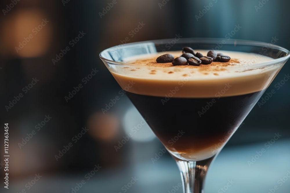 A glass of mixed drink with coffee beans on top A glass of mixed drink with coffee beans on top