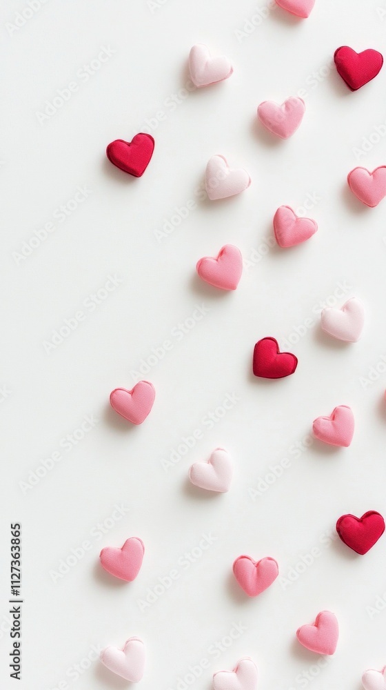 Small pink and red hearts arranged on a pristine white backdrop, forming a delightful pattern that evokes feelings of love, romance, and valentine's day Small pink and red hearts arranged on a pristine white backdrop, forming a delightful pattern that evokes feelings of love, romance, and valentine's day