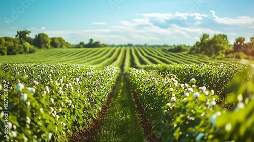 Lush green cotton field under a bright sunny sky, rows of plants extending to the horizon.