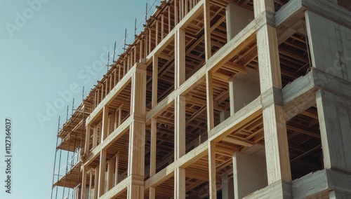 Construction of a multi-story building under clear blue sky