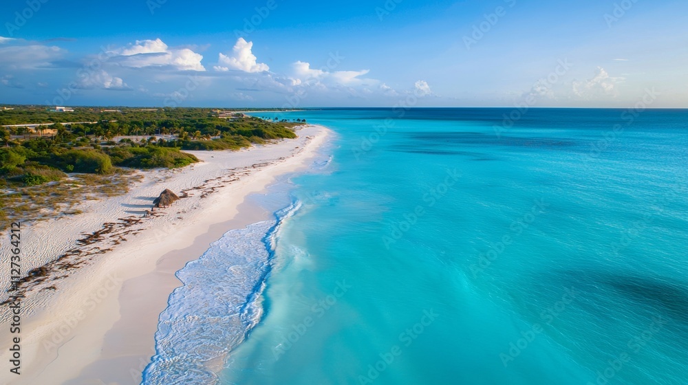 Aerial view of an idyllic tropical beach boasting pristine white sand, lapped by gentle waves of a vibrant turquoise ocean, creating a breathtaking vista of natural beauty under a clear blue sky Aerial view of an idyllic tropical beach boasting pristine white sand, lapped by gentle waves of a vibrant turquoise ocean, creating a breathtaking vista of natural beauty under a clear blue sky
