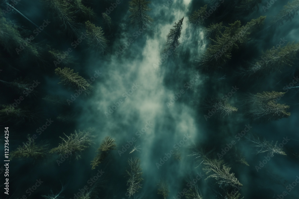 Obraz premium Paesaggio del bosco in montagna d'urante l'autunno con nebbia