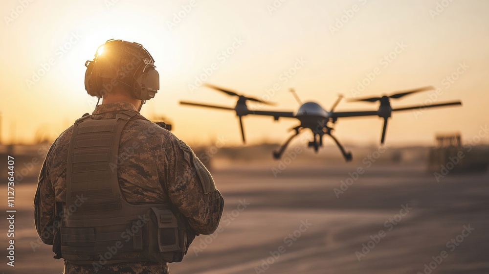 Soldier operates drone at sunset during military exercise Soldier operates drone at sunset during military exercise