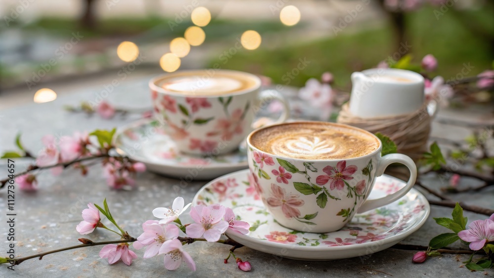 Floral Coffee Cups Spring Latte Art, Two Cups, Soft Focus Background, Pink Blossoms, Garden Setting. Coffee, Spring Floral Coffee Cups Spring Latte Art, Two Cups, Soft Focus Background, Pink Blossoms, Garden Setting. Coffee, Spring