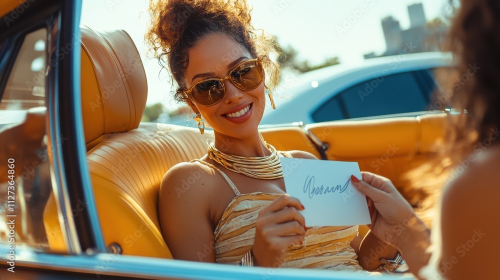 Naklejka premium Woman holding a card while sitting in a vintage car during sunset