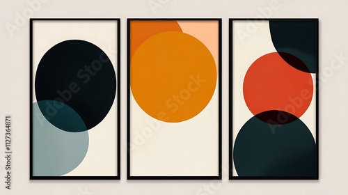 Abstract Triptych Featuring Overlapping Circles In Earthy Tones