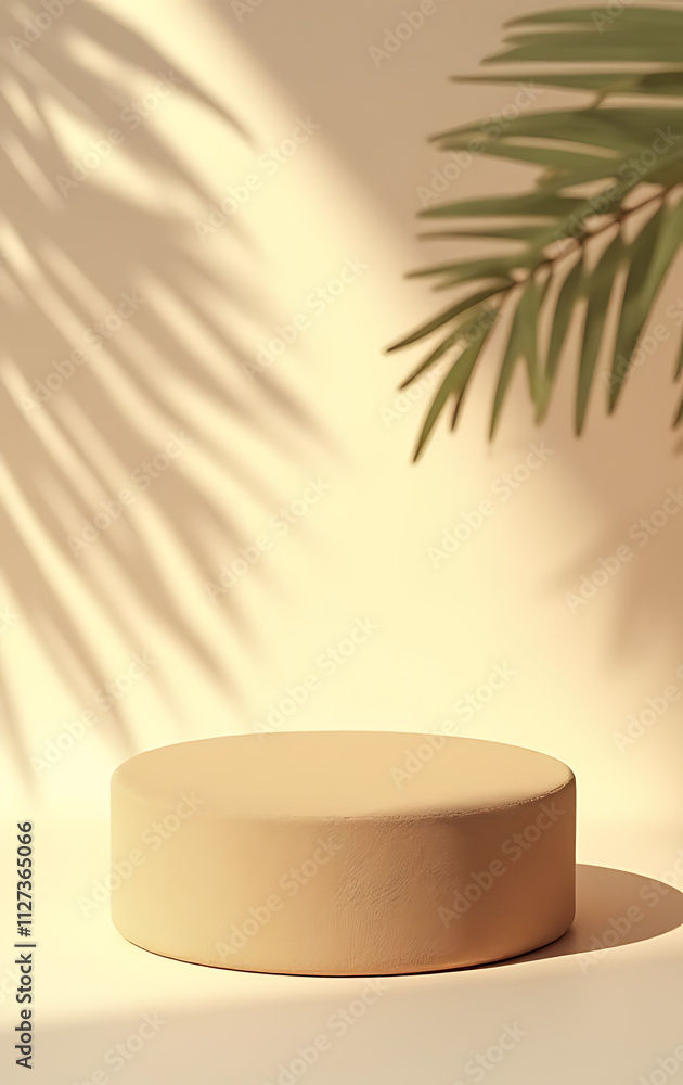 Tropical design features a sandstone top product display platform with a shadow of a palm leaf against a pastel colored wall background._00002_ Tropical design features a sandstone top product display platform with a shadow of a palm leaf against a pastel colored wall background._00002_