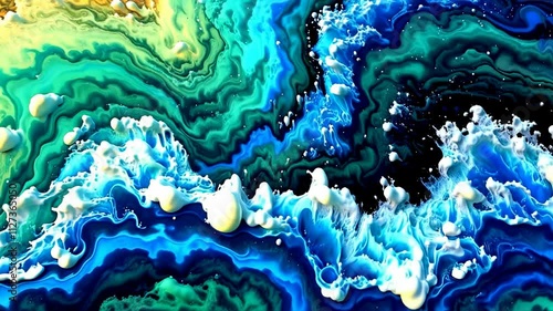 Colorful abstract fluid art with vibrant blues and greens creating dynamic waves