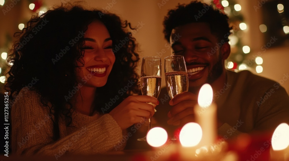 Couple celebrating with champagne in a cozy holiday setting Couple celebrating with champagne in a cozy holiday setting