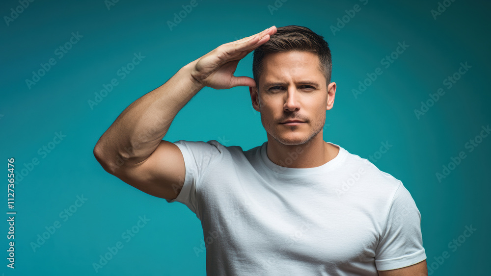 Man saluting with a confident expression against a blue background Man saluting with a confident expression against a blue background