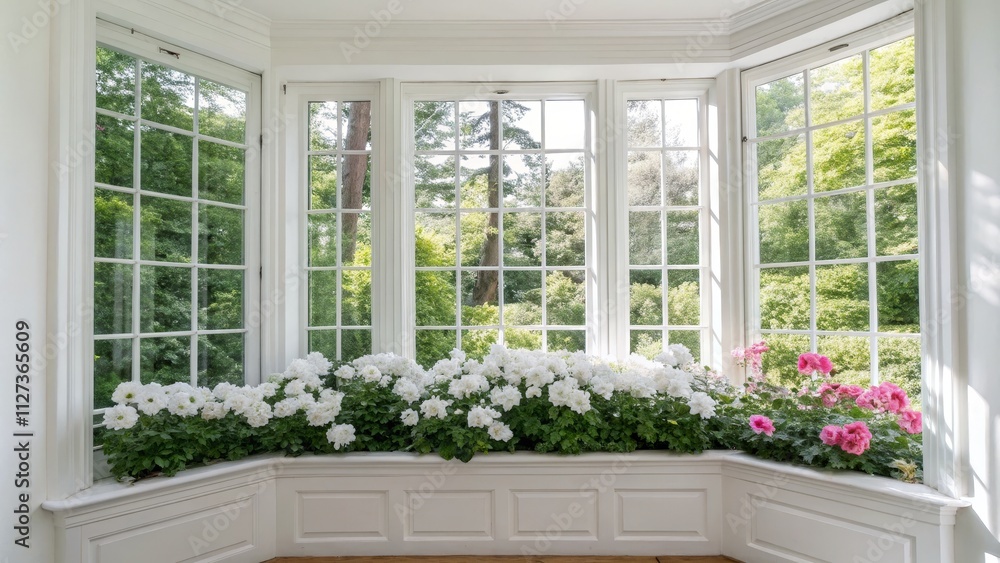 Fototapeta premium Bay Window with White and Pink Flowers, White Bay Window Seat, Floral Arrangement, Greenery View, Natural Light, Window Box Window Box, Bay Window