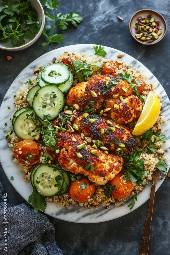 A vibrant plate of seasoned cauliflower, tomatoes, and cucumbers on a bed of grains. A vibrant plate of seasoned cauliflower, tomatoes, and cucumbers on a bed of grains.
