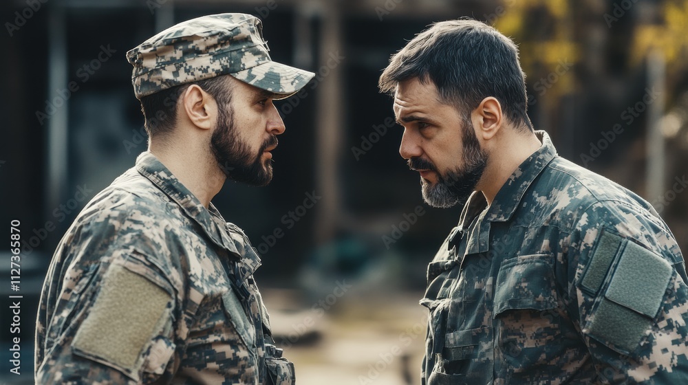 Fototapeta premium Military personnel engage in serious discussion outdoors