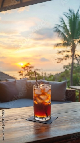 Tropical cocktail garnished with ice cubes sits on a wooden table, with a stunning view of a palm tree against a warm sunset sky, creating a perfect vacation setting.