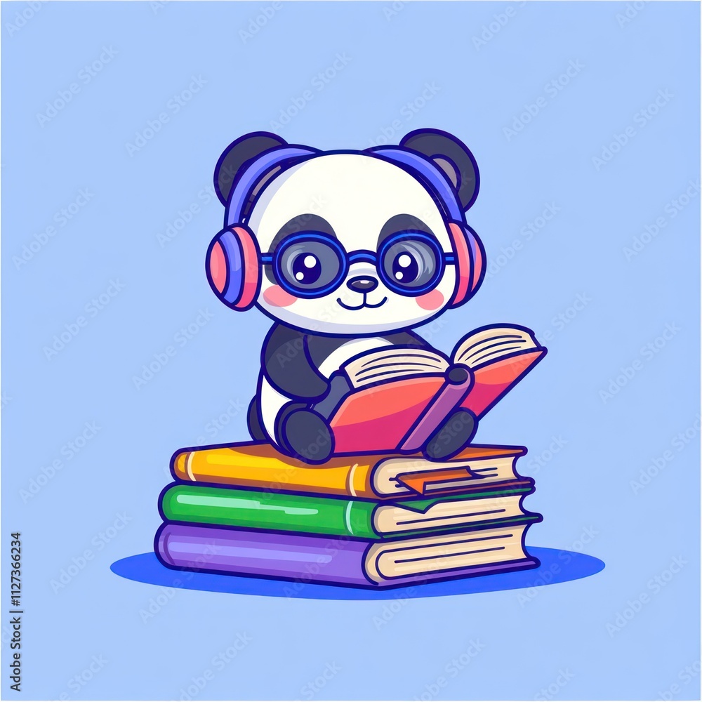A cute panda wearing headphones and glasses reads a book while sitting on colorful stacked books. A cute panda wearing headphones and glasses reads a book while sitting on colorful stacked books.