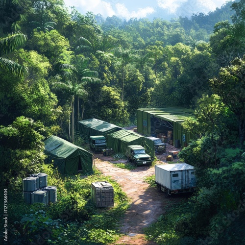 A lush jungle environment featuring military tents and trucks, suggesting a remote base for operations, Ideal for use in projects related to adventure, logistics, military themes photo