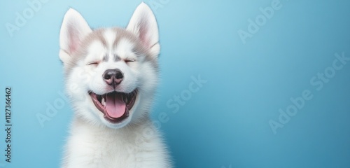 A joyful husky puppy with a big smile against a blue background.