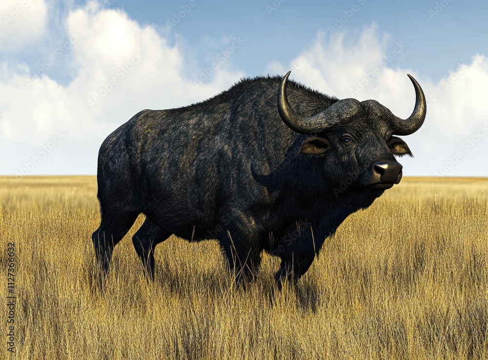 A solitary buffalo stands in a grassy field under a blue sky with clouds. A solitary buffalo stands in a grassy field under a blue sky with clouds.